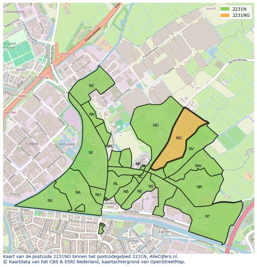 Afbeelding van het postcodegebied 2231 NG op de kaart.
