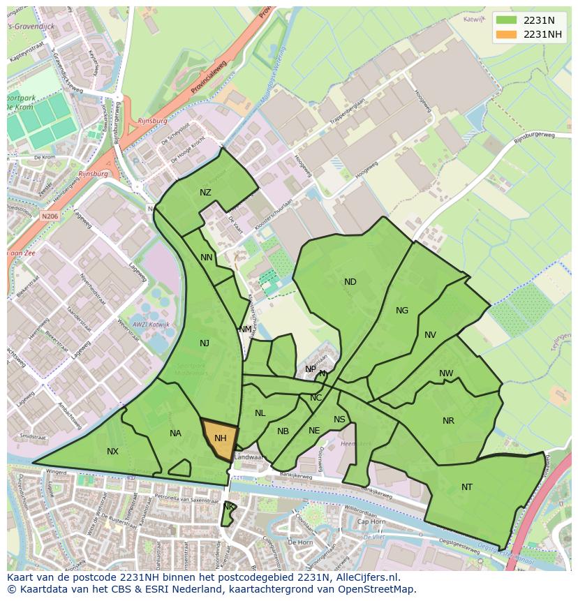 Afbeelding van het postcodegebied 2231 NH op de kaart.