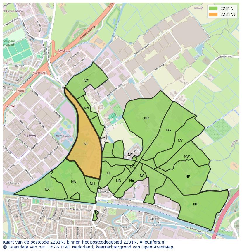 Afbeelding van het postcodegebied 2231 NJ op de kaart.