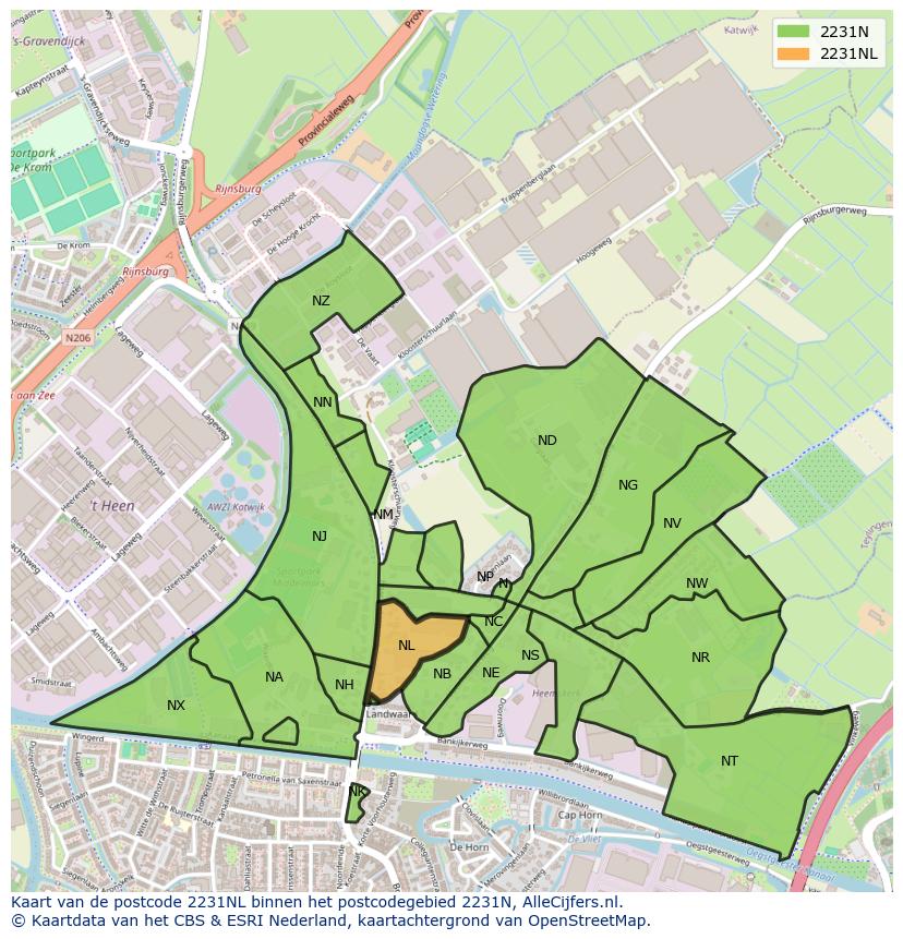 Afbeelding van het postcodegebied 2231 NL op de kaart.