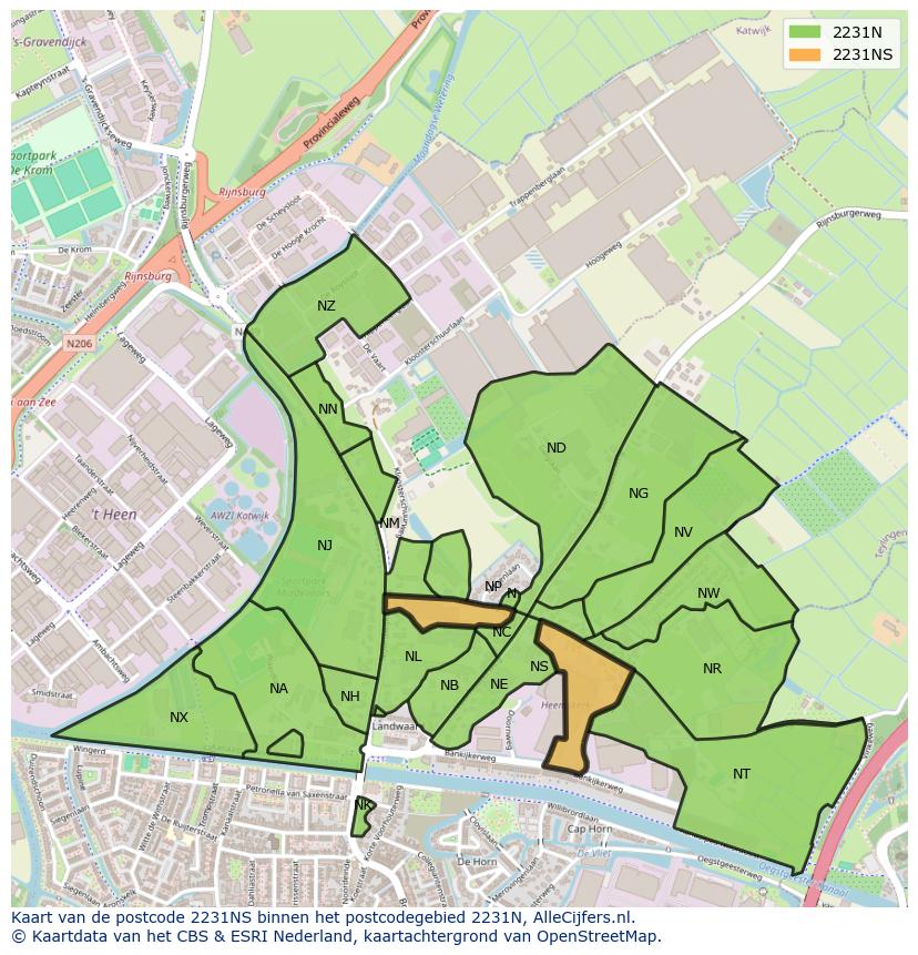 Afbeelding van het postcodegebied 2231 NS op de kaart.