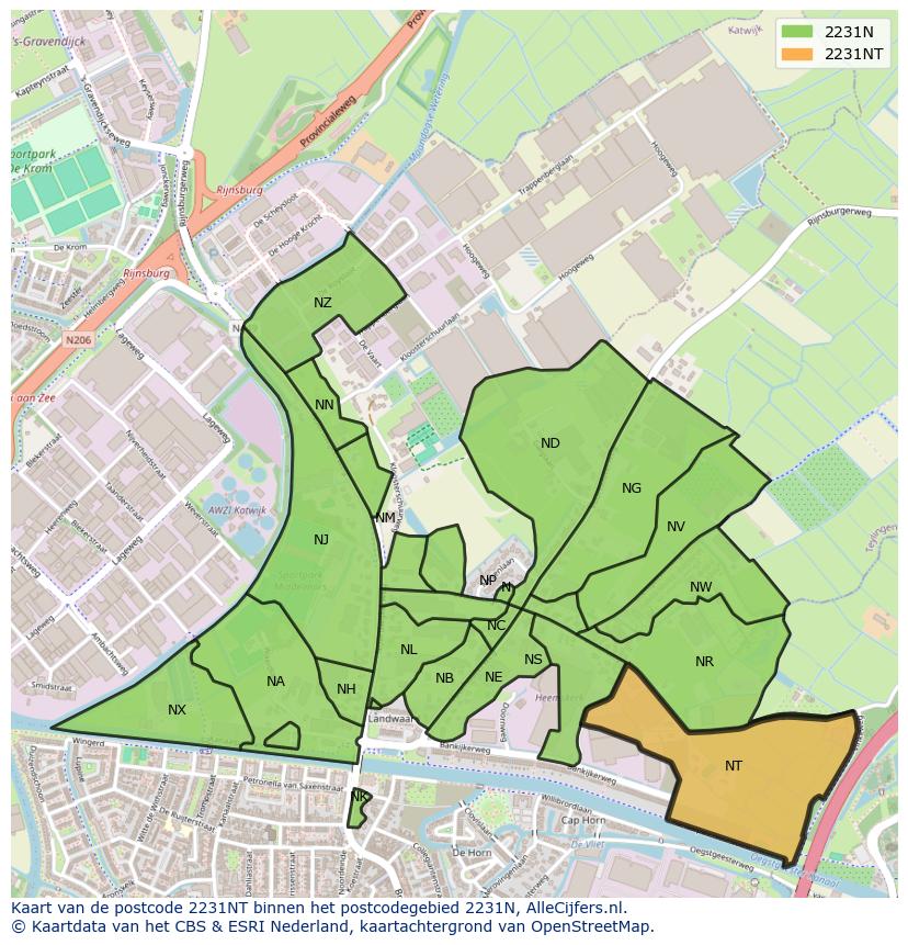 Afbeelding van het postcodegebied 2231 NT op de kaart.