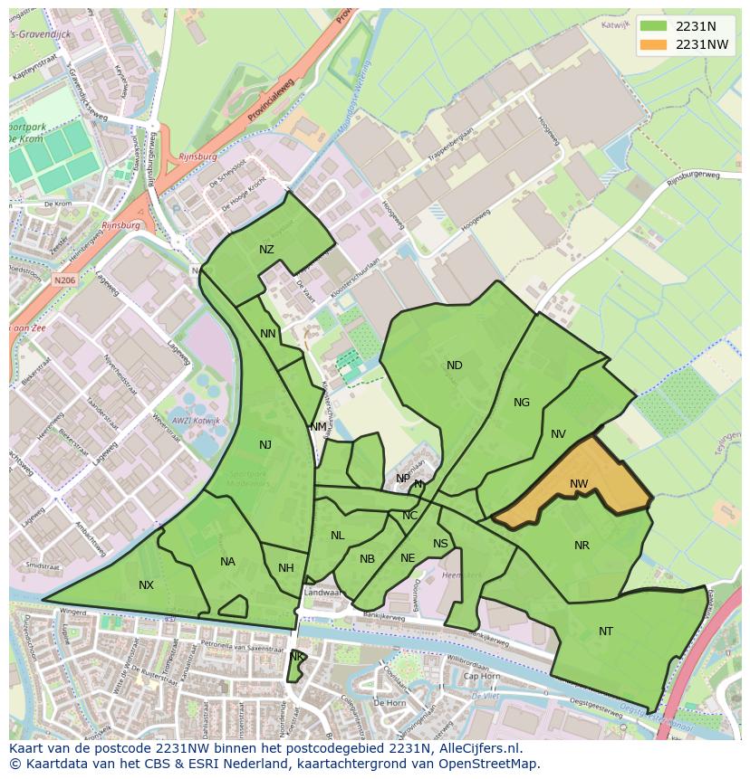 Afbeelding van het postcodegebied 2231 NW op de kaart.