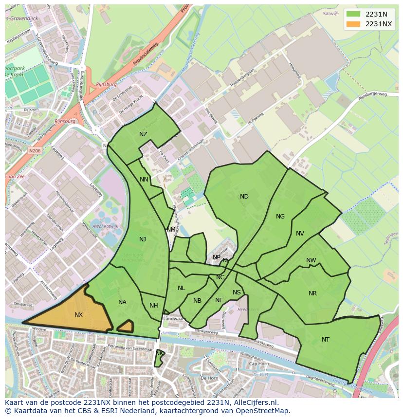 Afbeelding van het postcodegebied 2231 NX op de kaart.