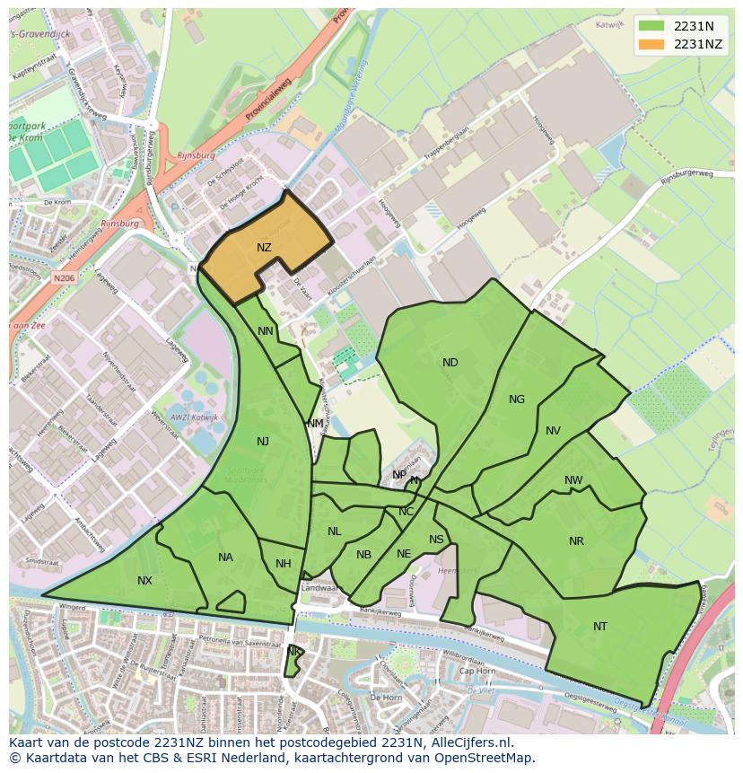Afbeelding van het postcodegebied 2231 NZ op de kaart.