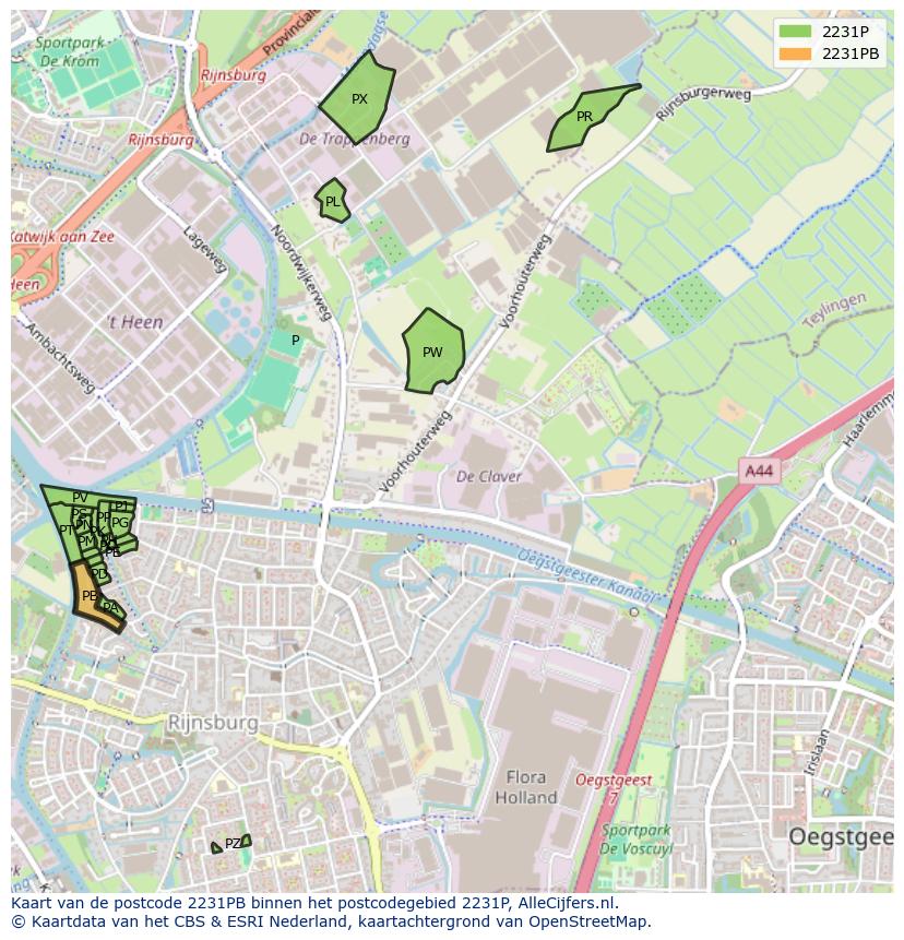 Afbeelding van het postcodegebied 2231 PB op de kaart.