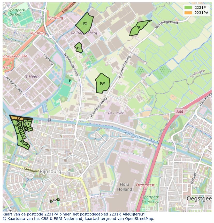Afbeelding van het postcodegebied 2231 PV op de kaart.