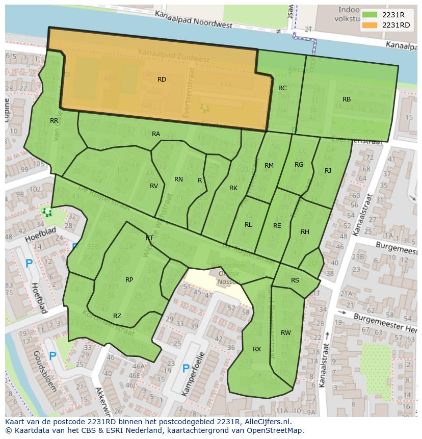 Afbeelding van het postcodegebied 2231 RD op de kaart.