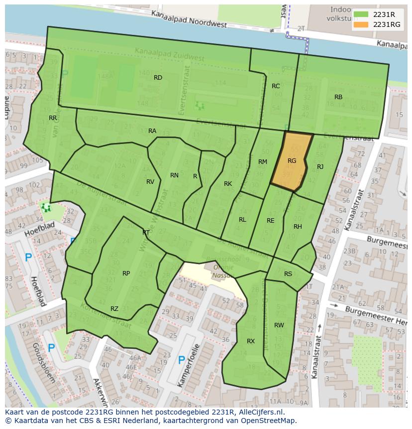 Afbeelding van het postcodegebied 2231 RG op de kaart.