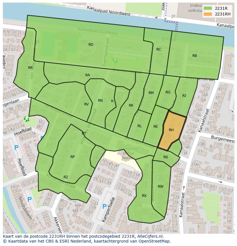Afbeelding van het postcodegebied 2231 RH op de kaart.