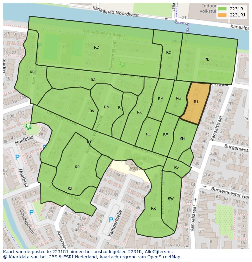 Afbeelding van het postcodegebied 2231 RJ op de kaart.