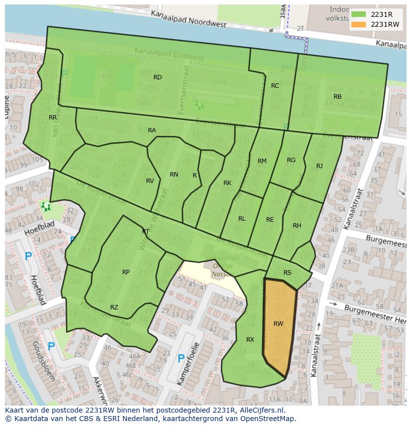 Afbeelding van het postcodegebied 2231 RW op de kaart.
