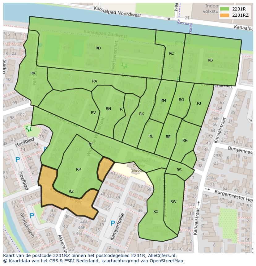 Afbeelding van het postcodegebied 2231 RZ op de kaart.