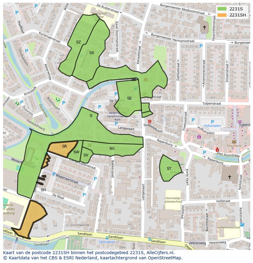 Afbeelding van het postcodegebied 2231 SH op de kaart.