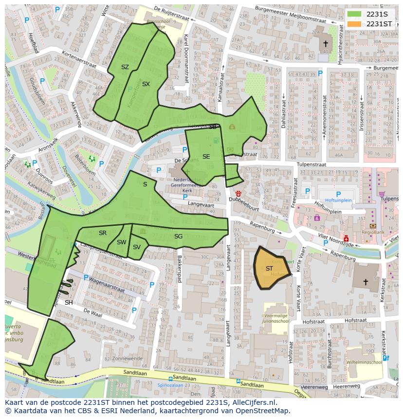 Afbeelding van het postcodegebied 2231 ST op de kaart.