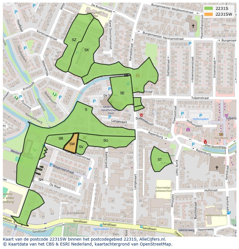 Afbeelding van het postcodegebied 2231 SW op de kaart.