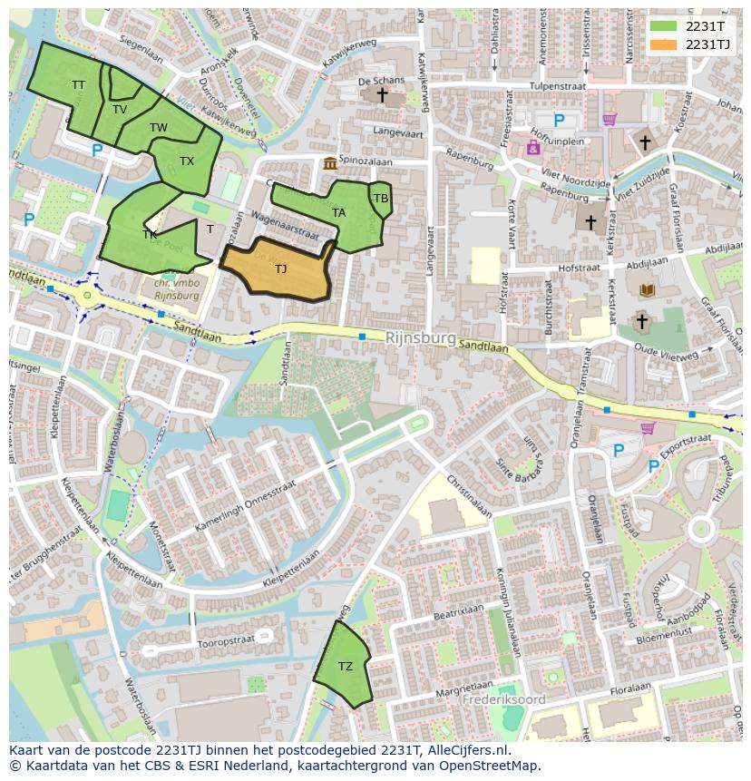 Afbeelding van het postcodegebied 2231 TJ op de kaart.