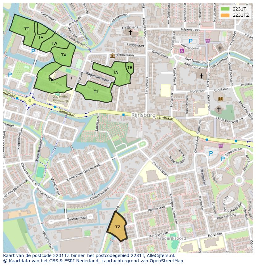 Afbeelding van het postcodegebied 2231 TZ op de kaart.
