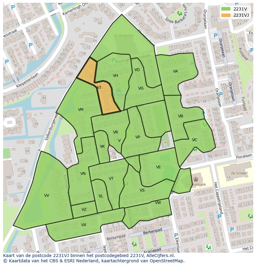 Afbeelding van het postcodegebied 2231 VJ op de kaart.