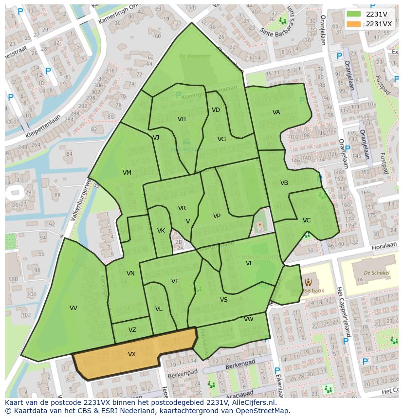 Afbeelding van het postcodegebied 2231 VX op de kaart.