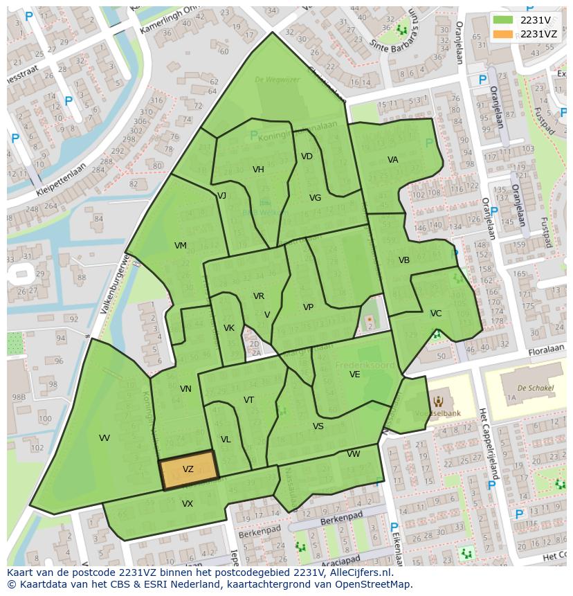 Afbeelding van het postcodegebied 2231 VZ op de kaart.