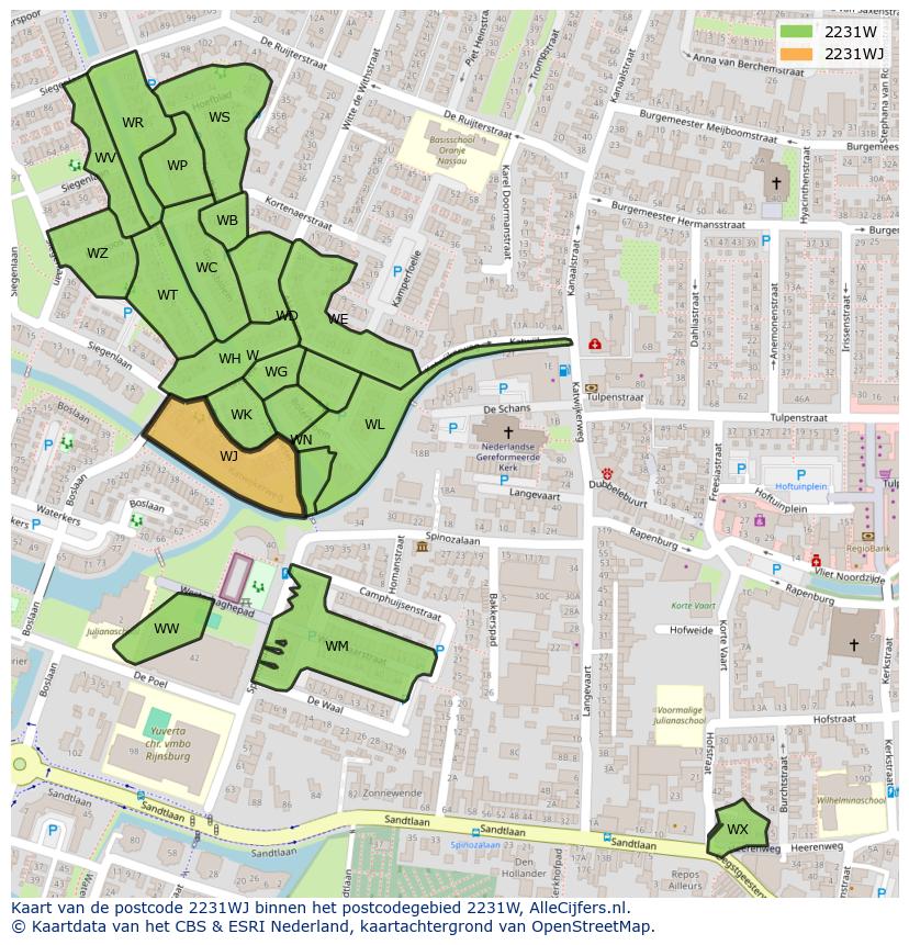 Afbeelding van het postcodegebied 2231 WJ op de kaart.