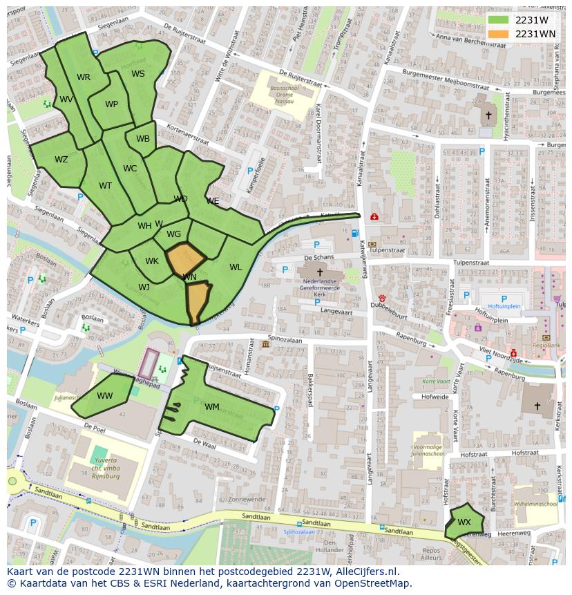 Afbeelding van het postcodegebied 2231 WN op de kaart.