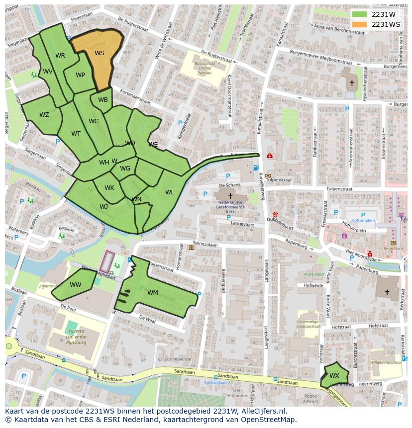 Afbeelding van het postcodegebied 2231 WS op de kaart.