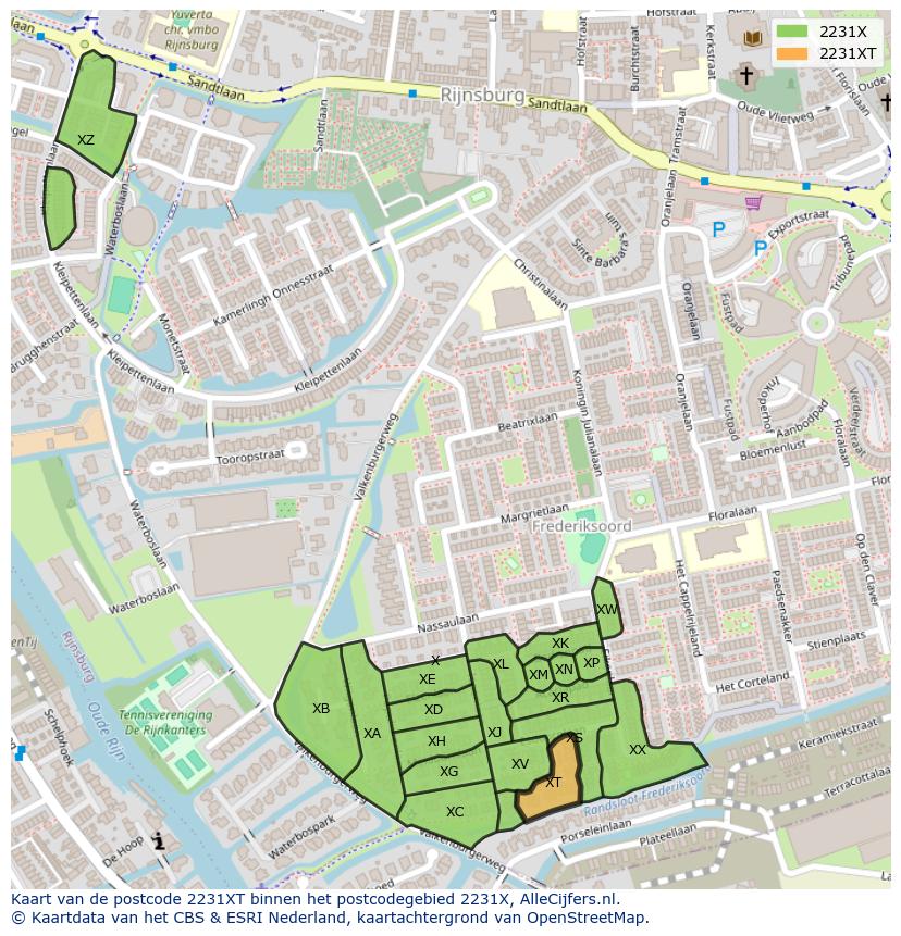 Afbeelding van het postcodegebied 2231 XT op de kaart.