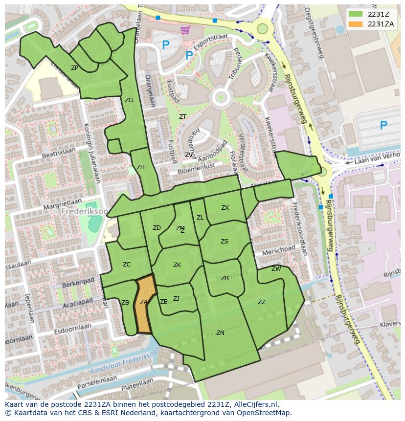 Afbeelding van het postcodegebied 2231 ZA op de kaart.