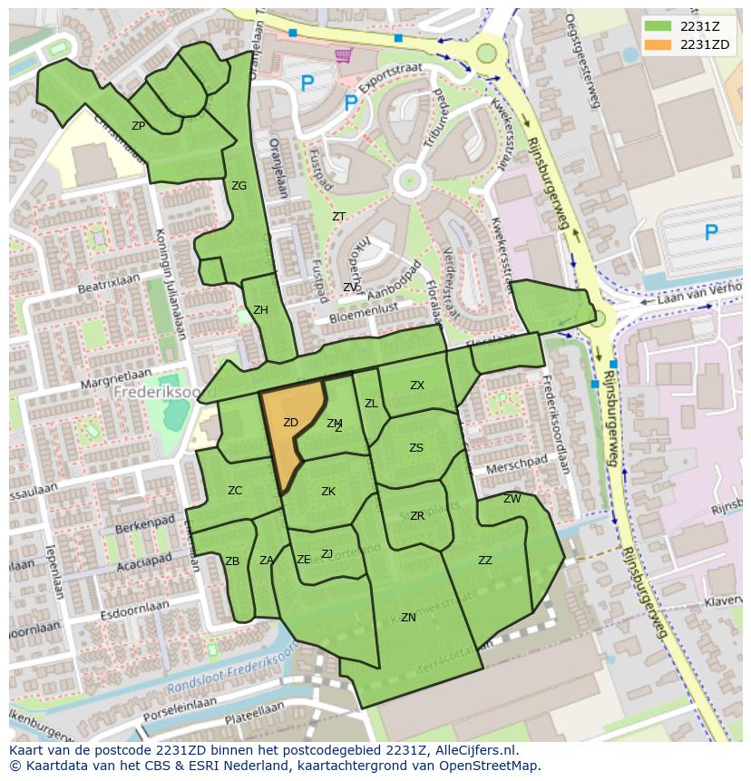 Afbeelding van het postcodegebied 2231 ZD op de kaart.