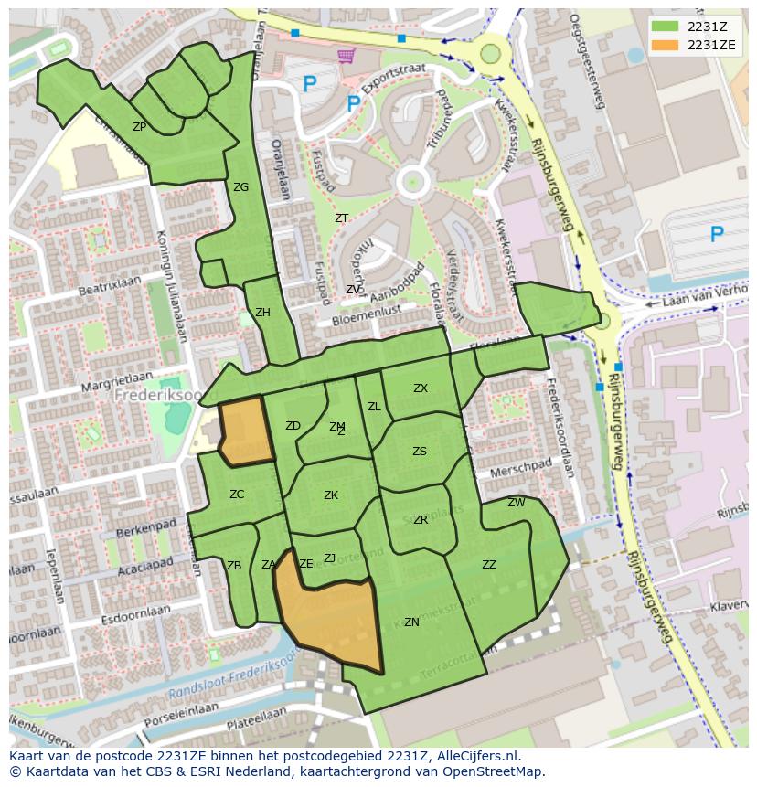 Afbeelding van het postcodegebied 2231 ZE op de kaart.