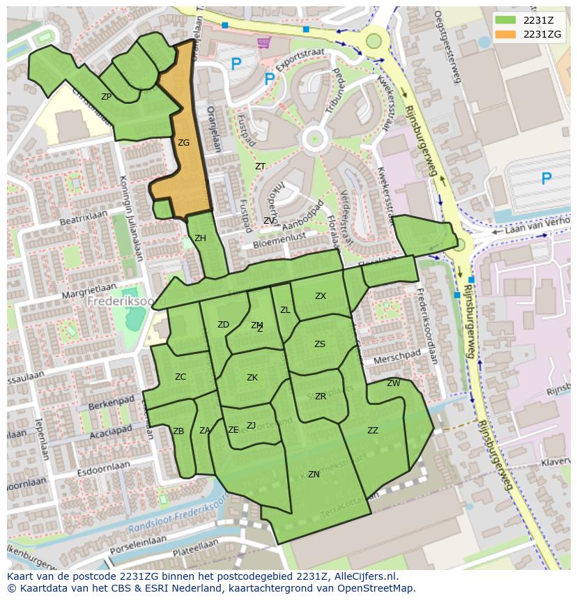 Afbeelding van het postcodegebied 2231 ZG op de kaart.