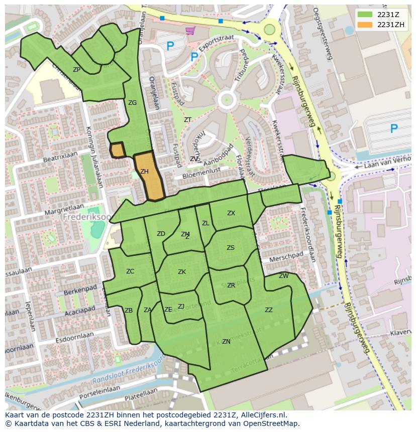 Afbeelding van het postcodegebied 2231 ZH op de kaart.