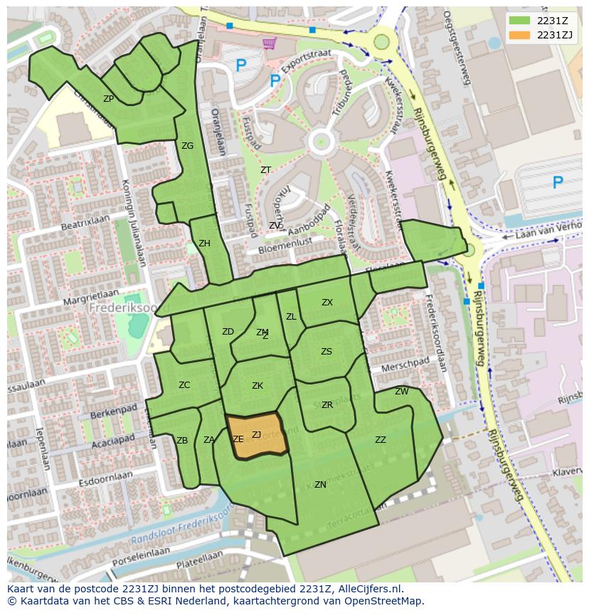 Afbeelding van het postcodegebied 2231 ZJ op de kaart.
