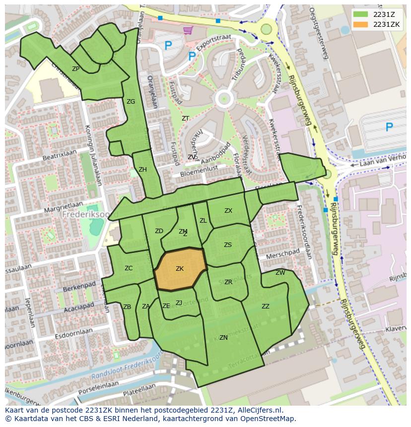 Afbeelding van het postcodegebied 2231 ZK op de kaart.