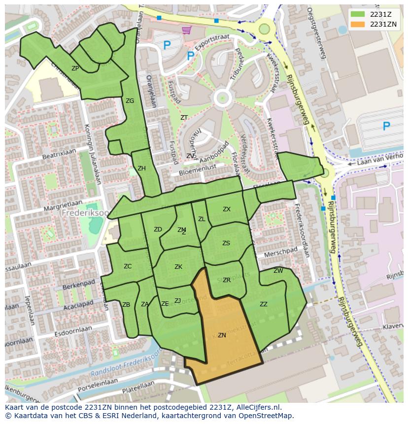 Afbeelding van het postcodegebied 2231 ZN op de kaart.
