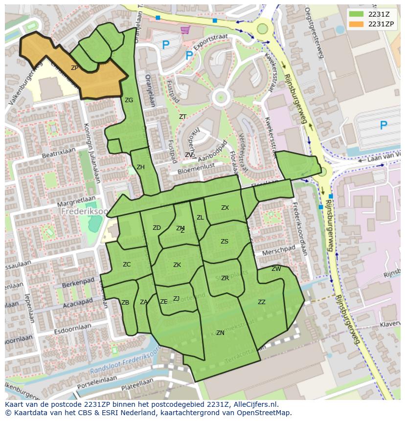 Afbeelding van het postcodegebied 2231 ZP op de kaart.