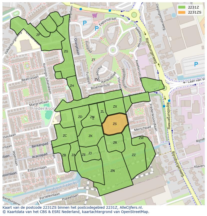 Afbeelding van het postcodegebied 2231 ZS op de kaart.