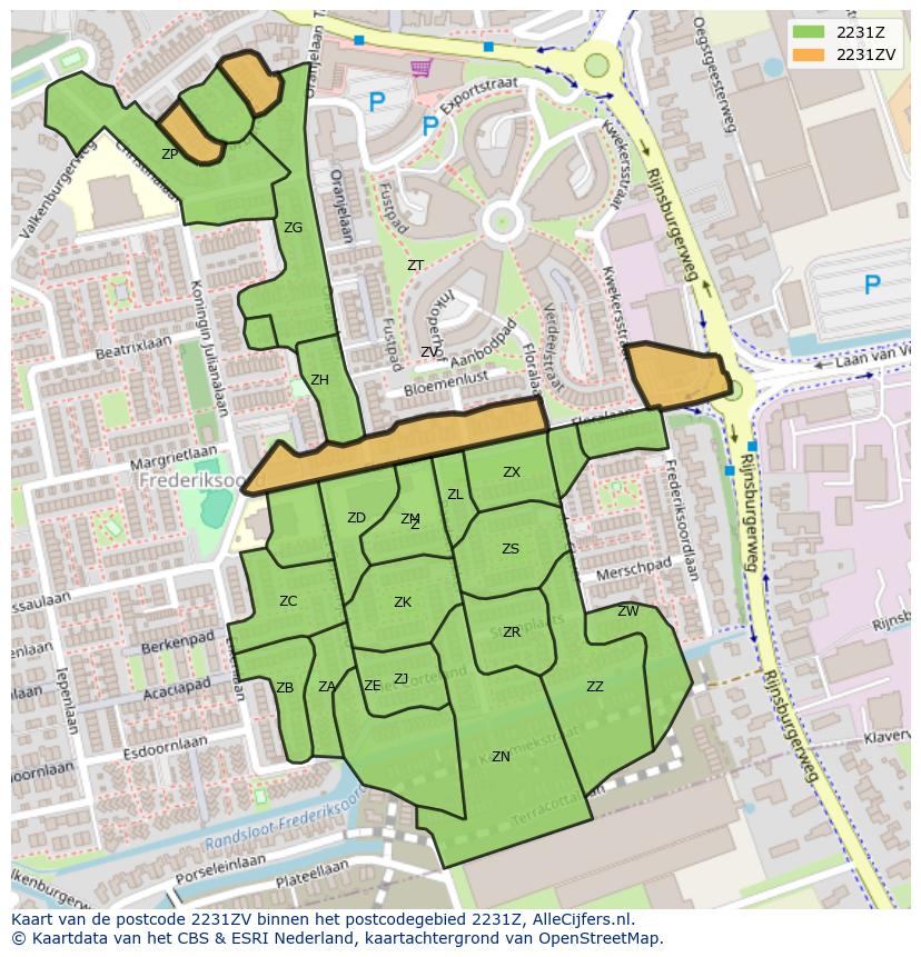 Afbeelding van het postcodegebied 2231 ZV op de kaart.