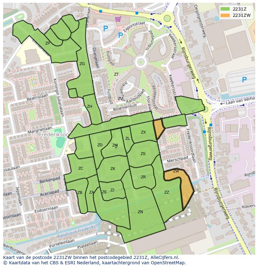 Afbeelding van het postcodegebied 2231 ZW op de kaart.