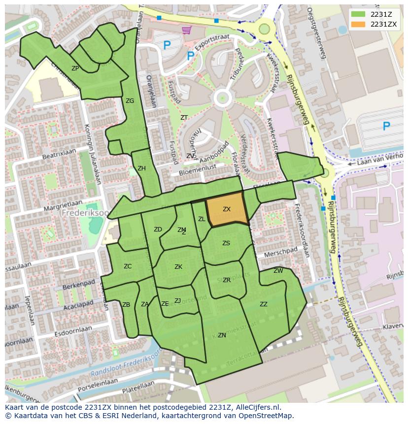 Afbeelding van het postcodegebied 2231 ZX op de kaart.