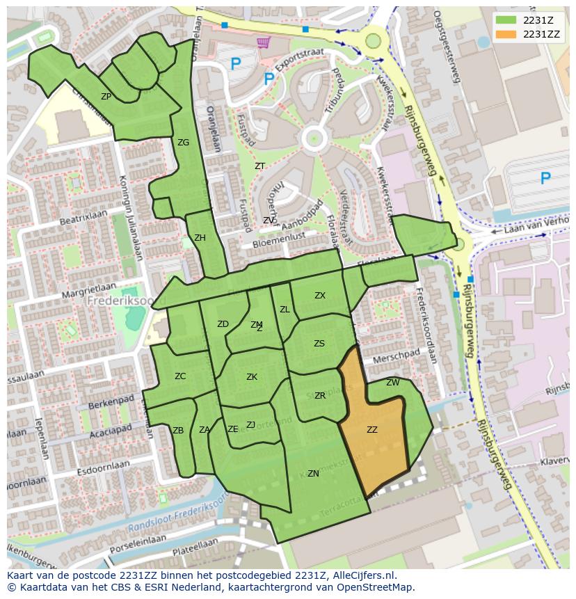 Afbeelding van het postcodegebied 2231 ZZ op de kaart.