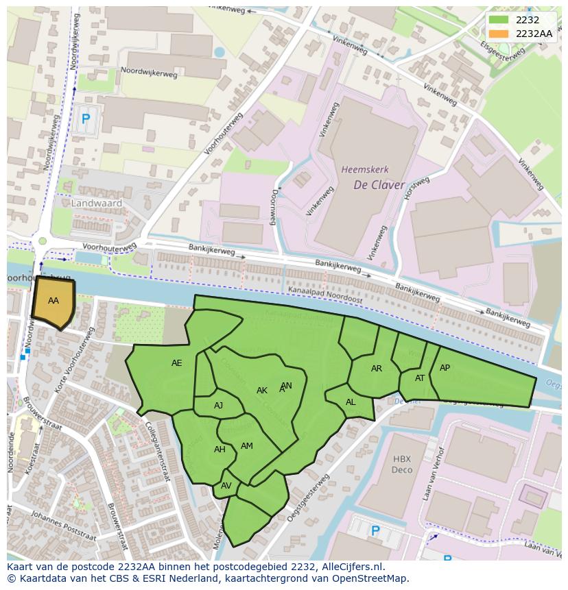 Afbeelding van het postcodegebied 2232 AA op de kaart.