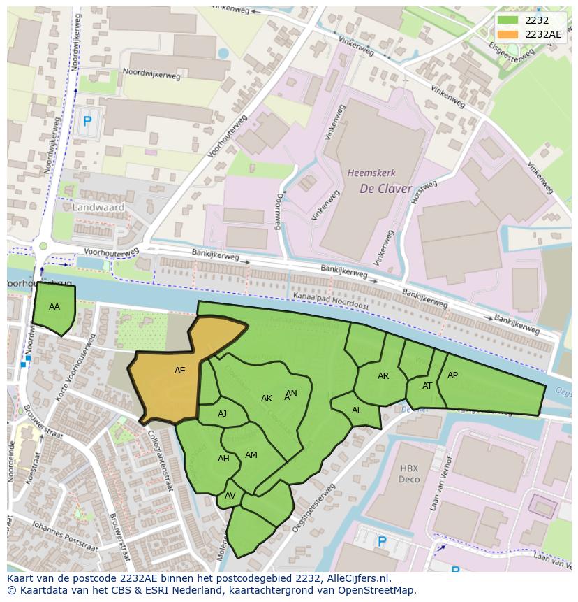Afbeelding van het postcodegebied 2232 AE op de kaart.