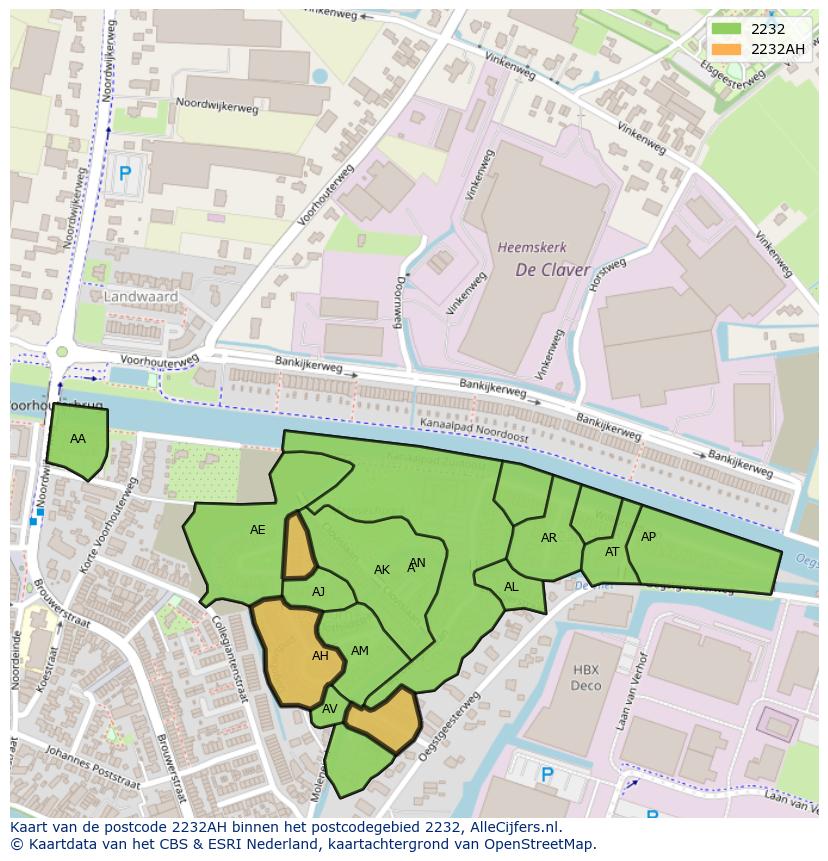 Afbeelding van het postcodegebied 2232 AH op de kaart.