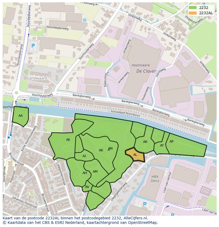Afbeelding van het postcodegebied 2232 AL op de kaart.
