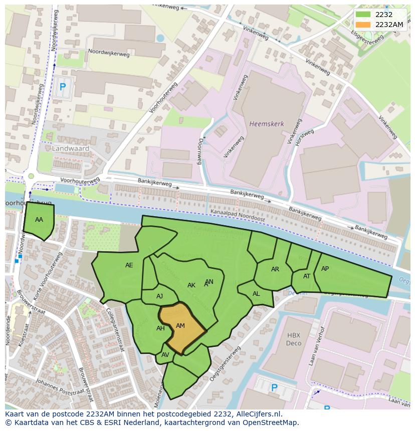 Afbeelding van het postcodegebied 2232 AM op de kaart.