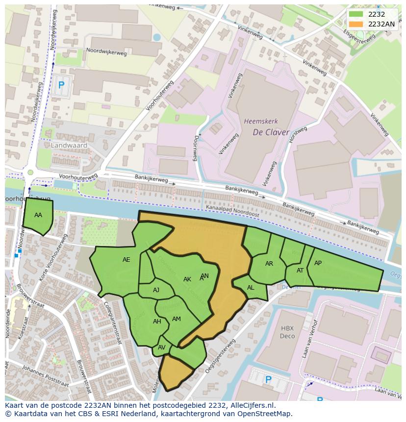 Afbeelding van het postcodegebied 2232 AN op de kaart.