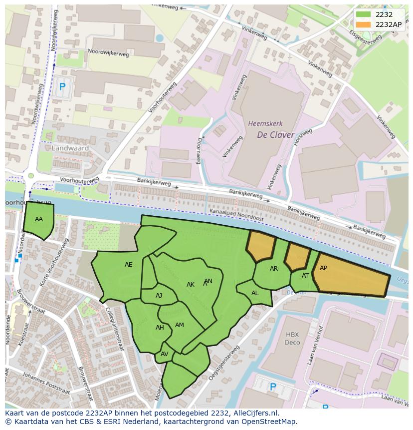 Afbeelding van het postcodegebied 2232 AP op de kaart.